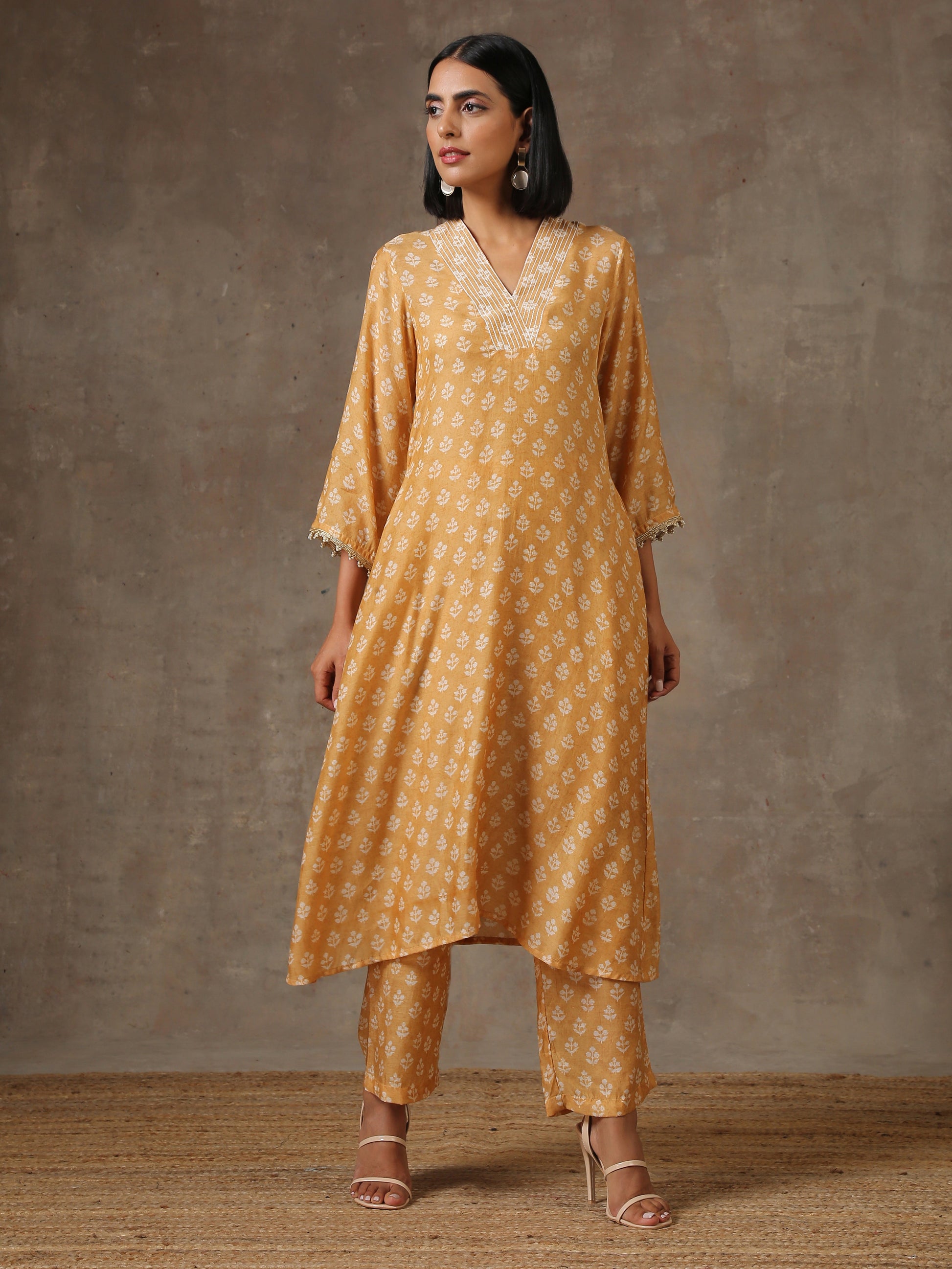 trueBrowns Beige White Flared Printed Silk Kurta Pant Set | Swadesiicart