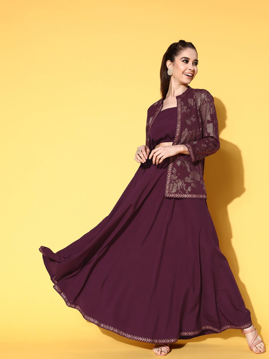 Ahalyaa Women Burgundy Top With Skirt & With Jacket | Swadesiicart
