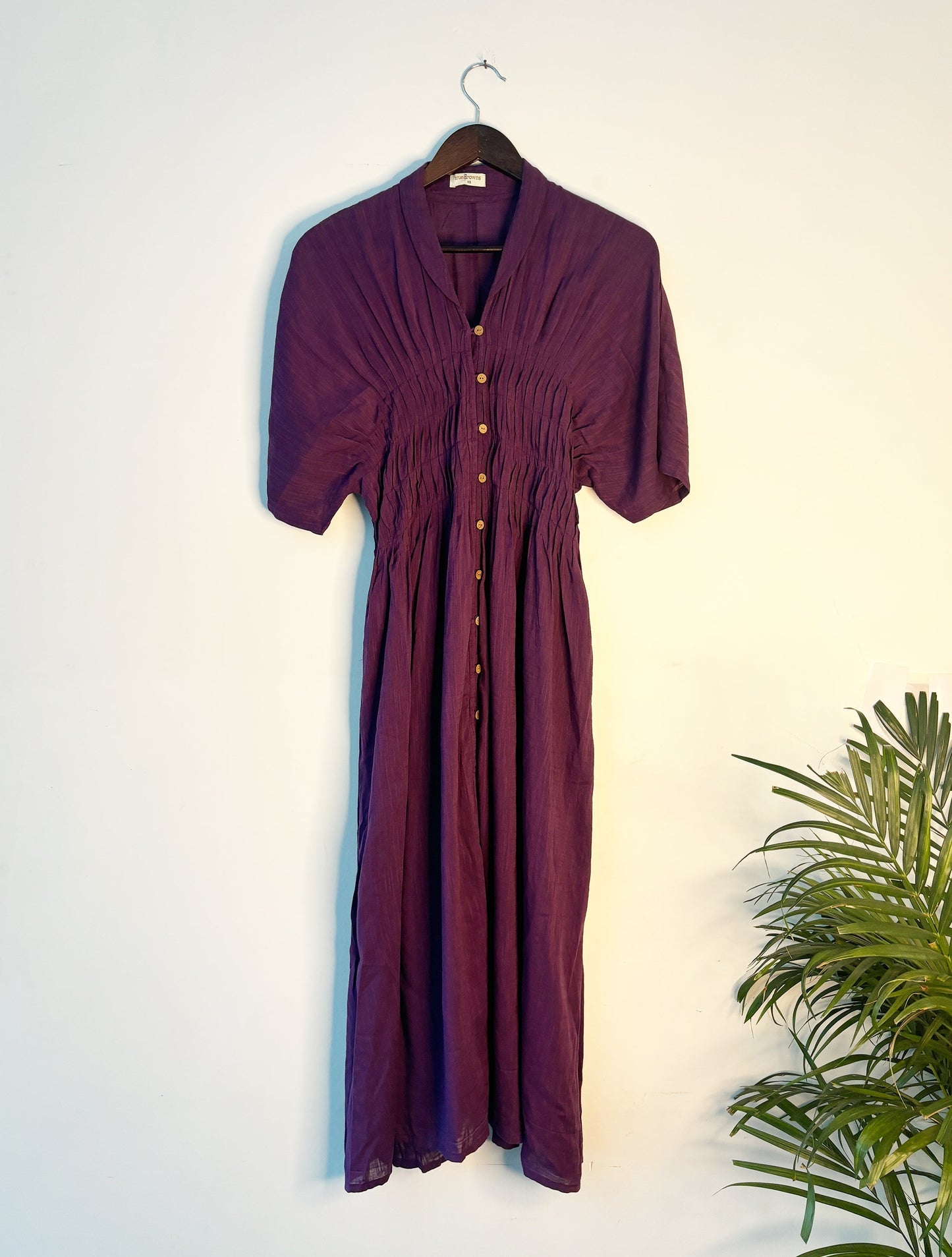 trueBrowns Purple Slub Pleated Dress | Swadesiicart