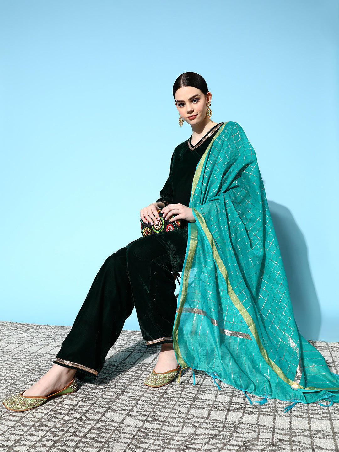 InWeave Women's Green Velvet Kurta Set With Teal Gold Check Dupatta - Swadesiicart