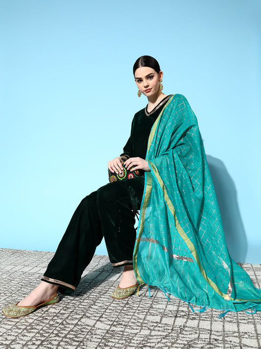 InWeave Women's Green Velvet Kurta Set With Teal Gold Check Dupatta - Swadesiicart