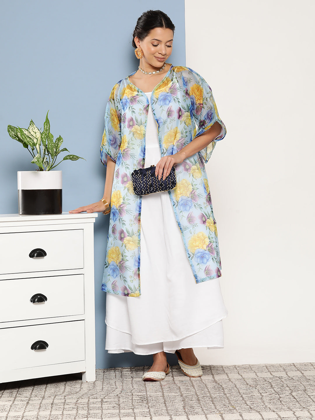 InWeave Women's Cream Strappy With Blue Floral Print Cape - Swadesiicart