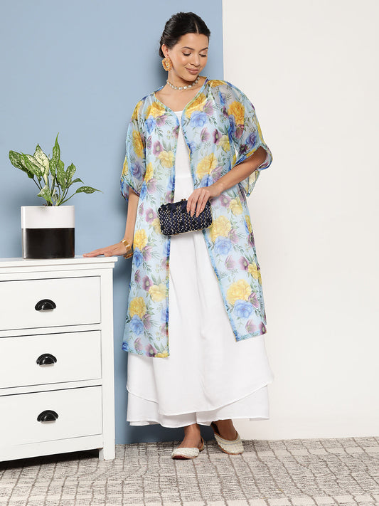 InWeave Women's Cream Strappy With Blue Floral Print Cape - Swadesiicart