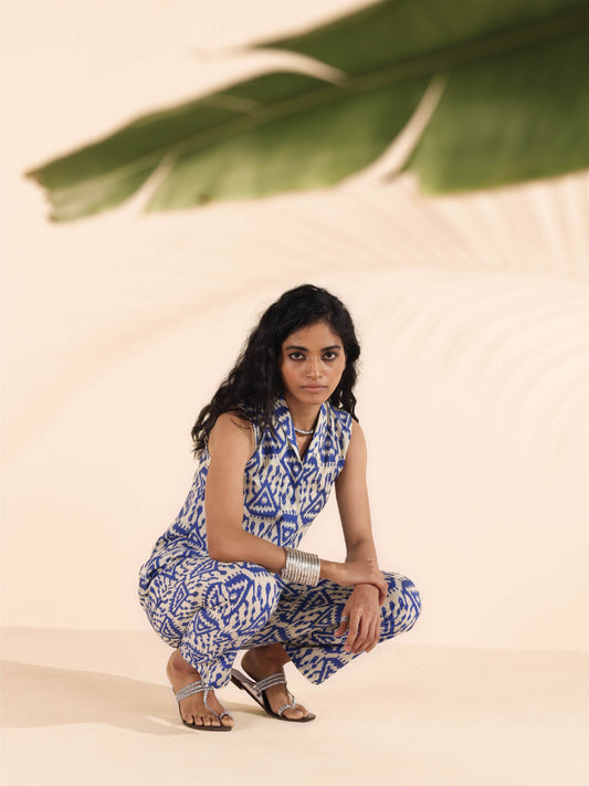 trueBrowns Blue Cotton Ikat Sleeveless Co-ord Set - Swadesiicart