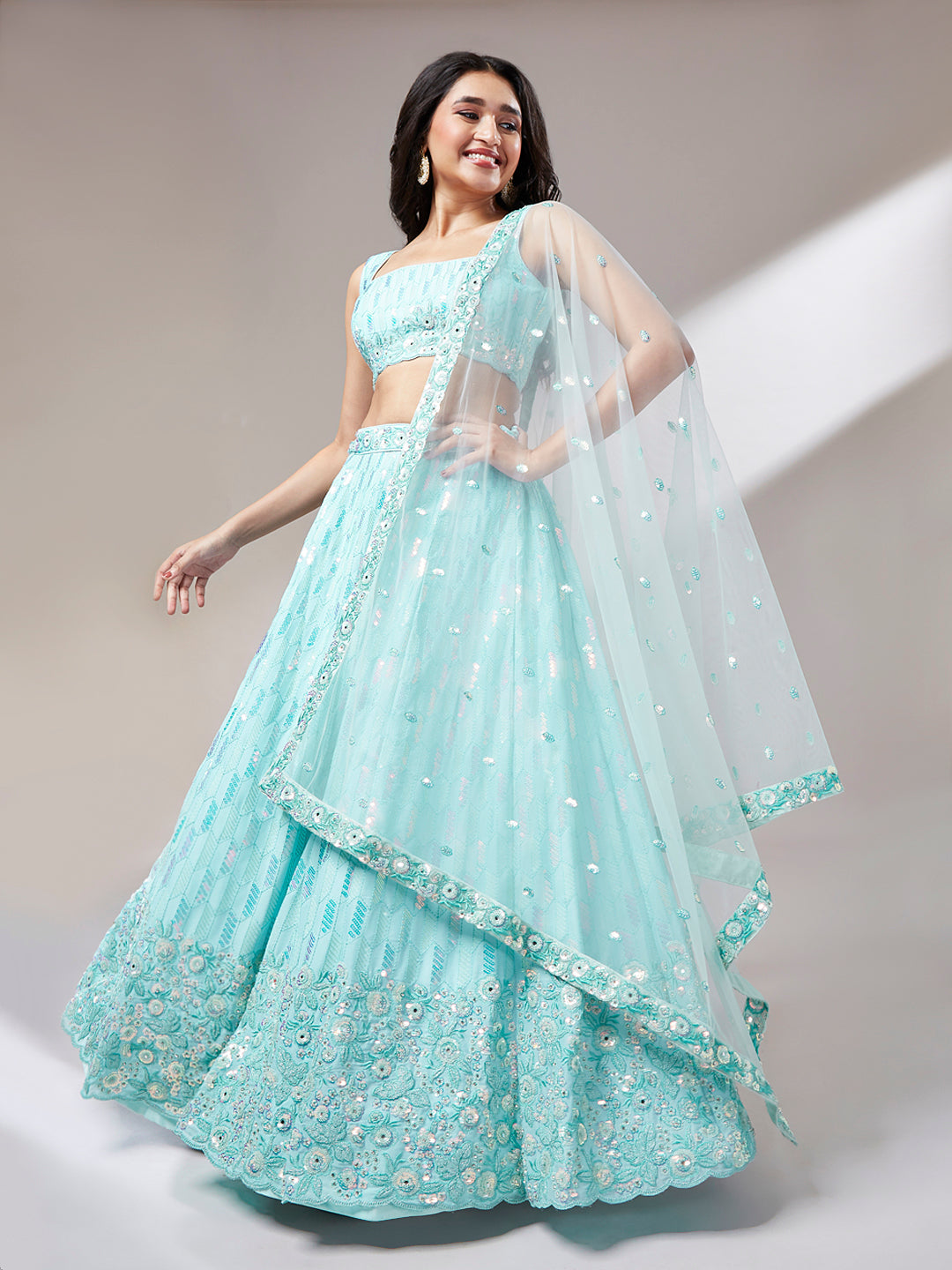 House of Panchhi Turquoise Blue Georgette Sequinse Embroidery Lehenga Choli & Dupatta | Swadesiicart