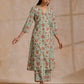 trueBrowns Seafoam Green Overall Floral Block Print Cotton Angrakha Pant Set | Swadesiicart