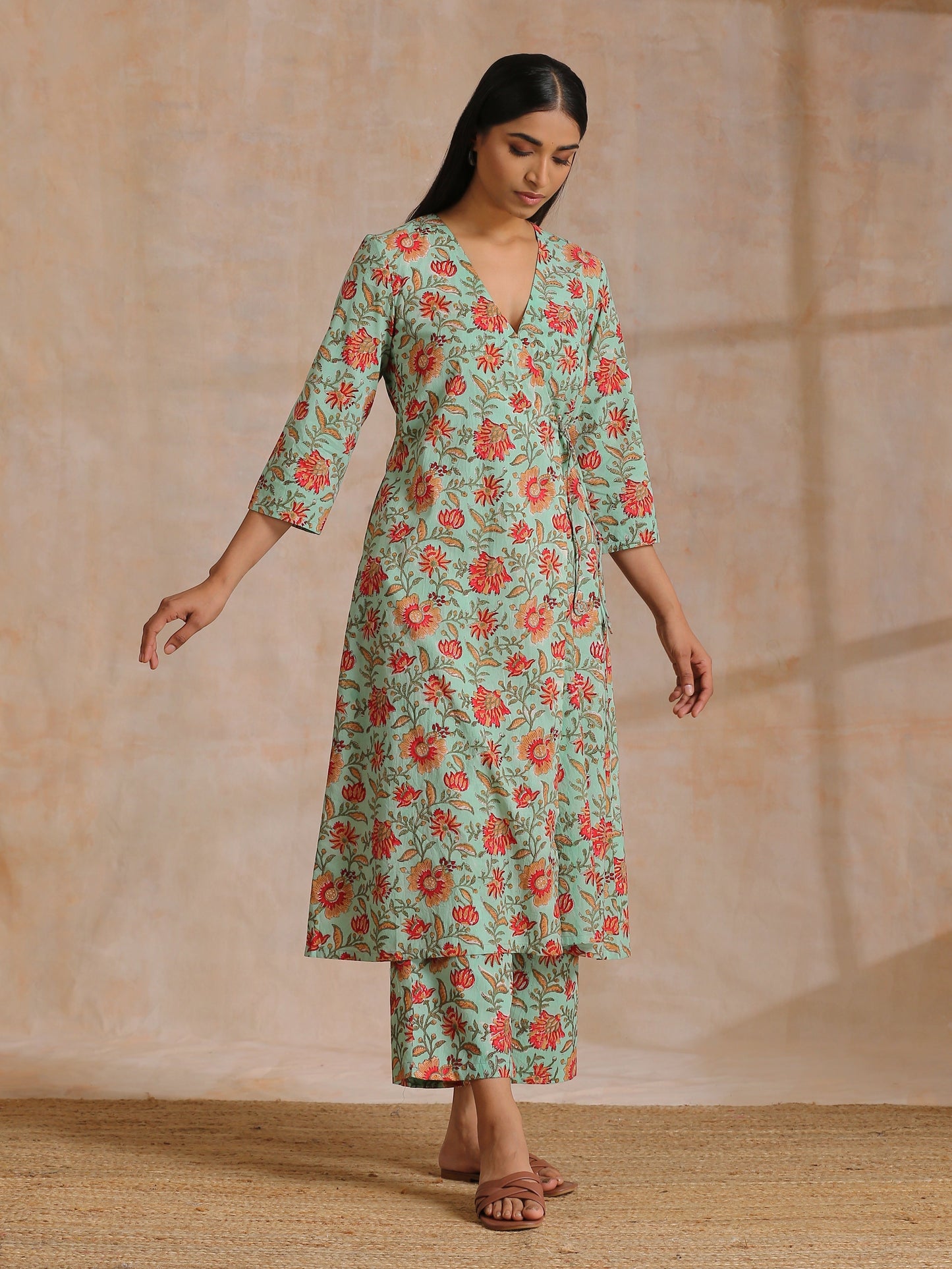 trueBrowns Seafoam Green Overall Floral Block Print Cotton Angrakha Pant Set | Swadesiicart