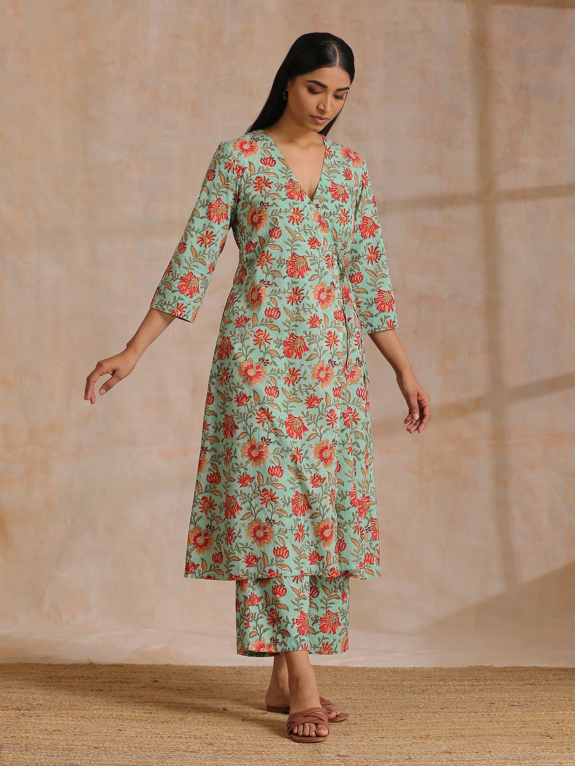 trueBrowns Seafoam Green Overall Floral Block Print Cotton Angrakha Pant Set | Swadesiicart