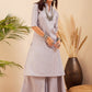 InWeave Women's Light Grey Lurex Kantha Mandarin Neck Kurta Palazzo Set - Swadesiicart