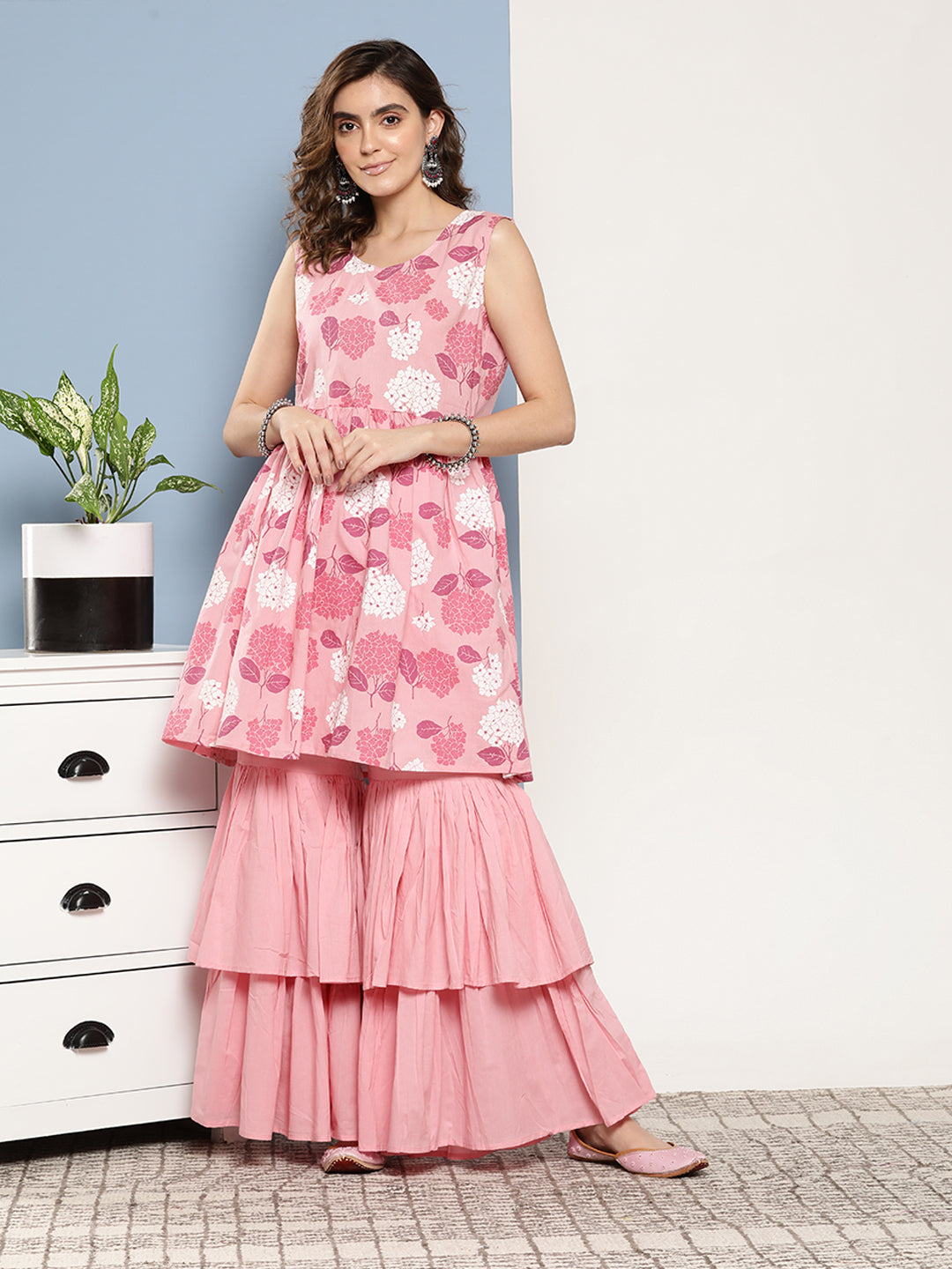 InWeave Women's Pink Printed Chintz Tiered Sharara Set - Swadesiicart