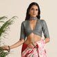 trueBrowns Grey Muslin Solid Deep V-Neck Blouse | Swadesiicart