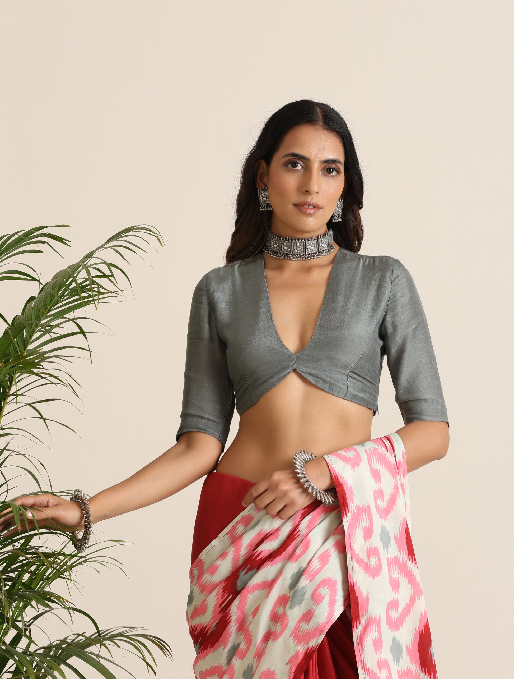 trueBrowns Grey Muslin Solid Deep V-Neck Blouse | Swadesiicart