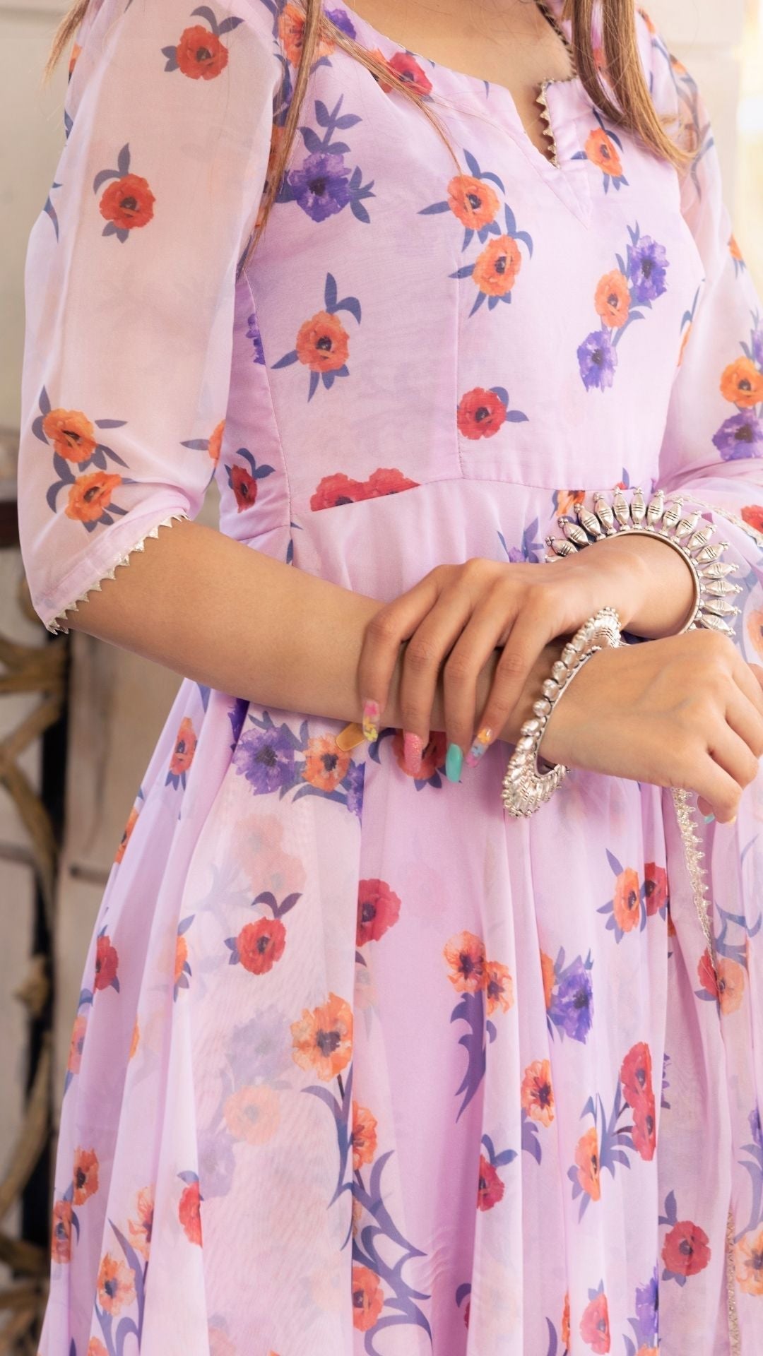 Pomcha Jaipur Lavender Gangaur Printed Organza Anarkali | Swadesiicart