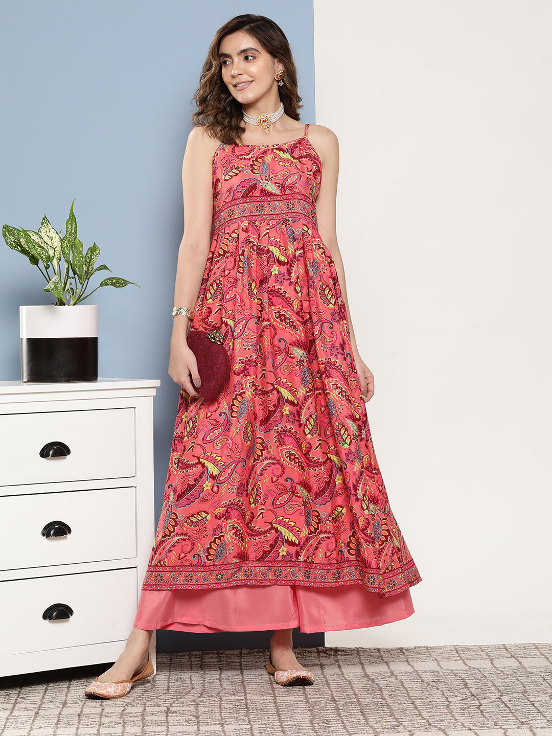 InWeave Women's Camelia Pastel Peach Print Strappy Kurta Set - Swadesiicart