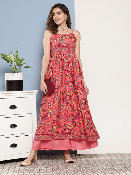 InWeave Women's Camelia Pastel Peach Print Strappy Kurta Set - Swadesiicart