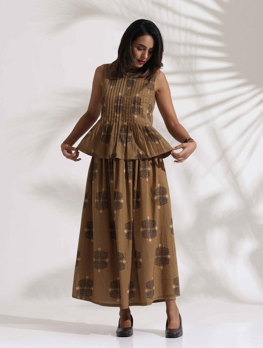 trueBrowns Beige Cotton Skirt Co-ord Set - Swadesiicart