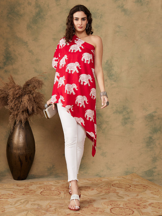 InWeave Women's Red Elephant Print Oneshoulder Top - Swadesiicart