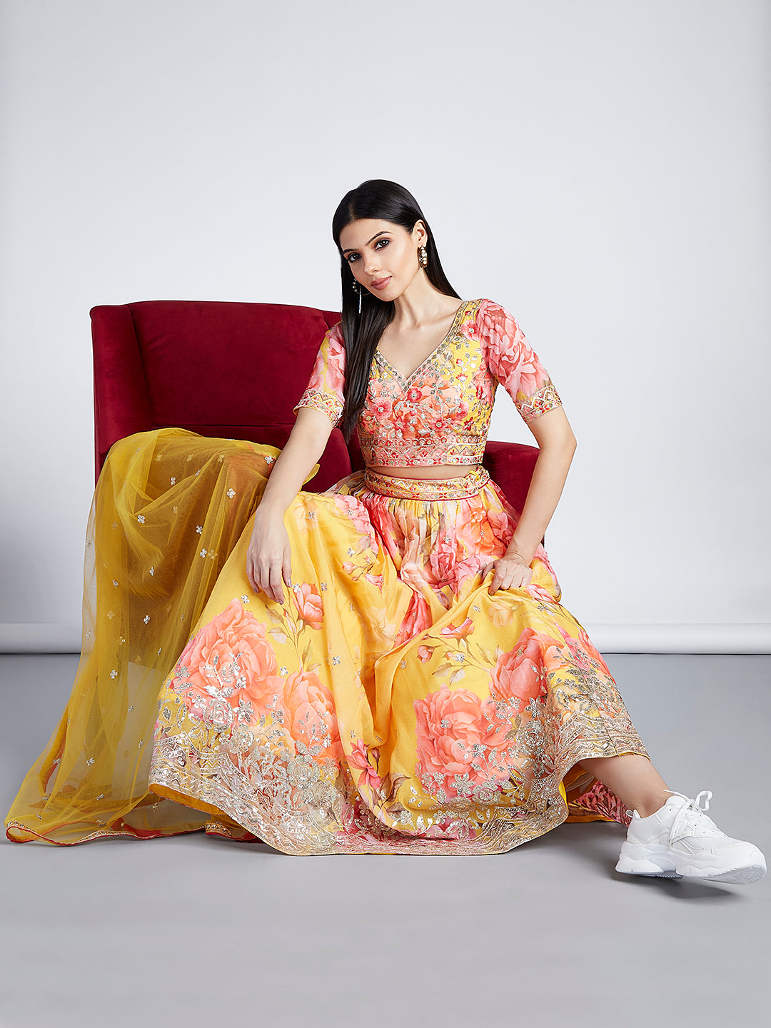 House of Panchhi Yellow Colour Organza Floral Design Digital Print Lehenga Choli & Dupatta | Swadesiicart