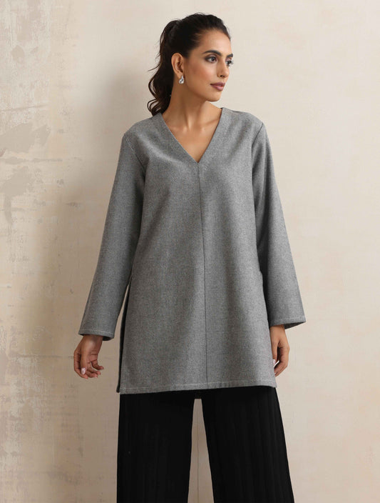 trueBrowns Grey Winter High Slit Top | Swadesiicart