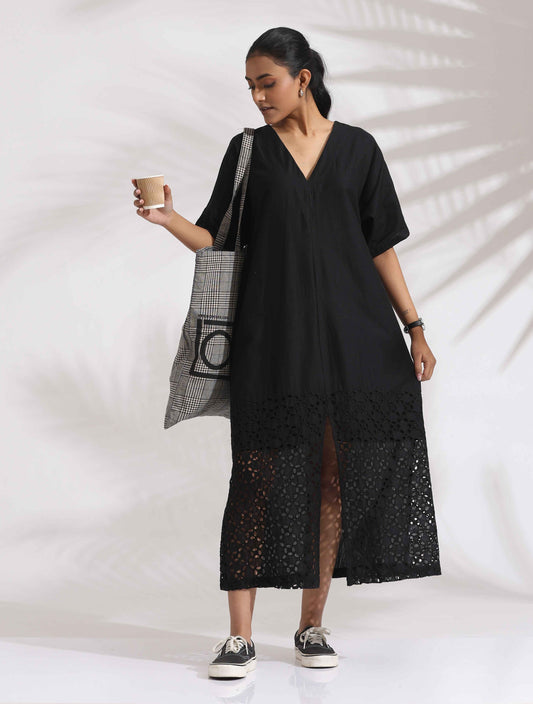 trueBrowns Black Cotton Schiffli Slit Dress | Swadesiicart