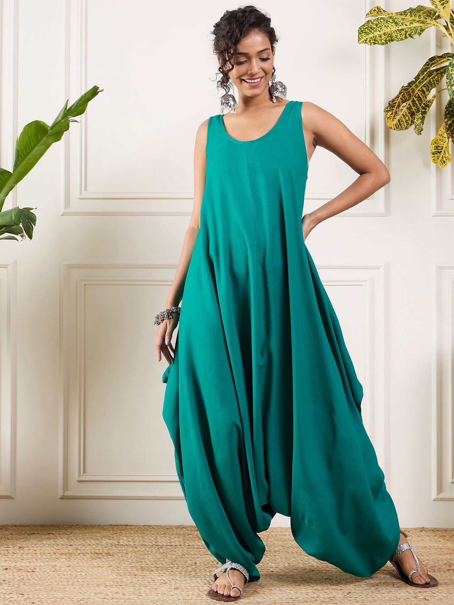 InWeave Teal Round Sleeveless Jumpsuit - Swadesiicart