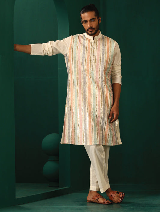 trueBrowns Men's Ivory Multi Colour Striped Cotton Kurta | Swadesiicart
