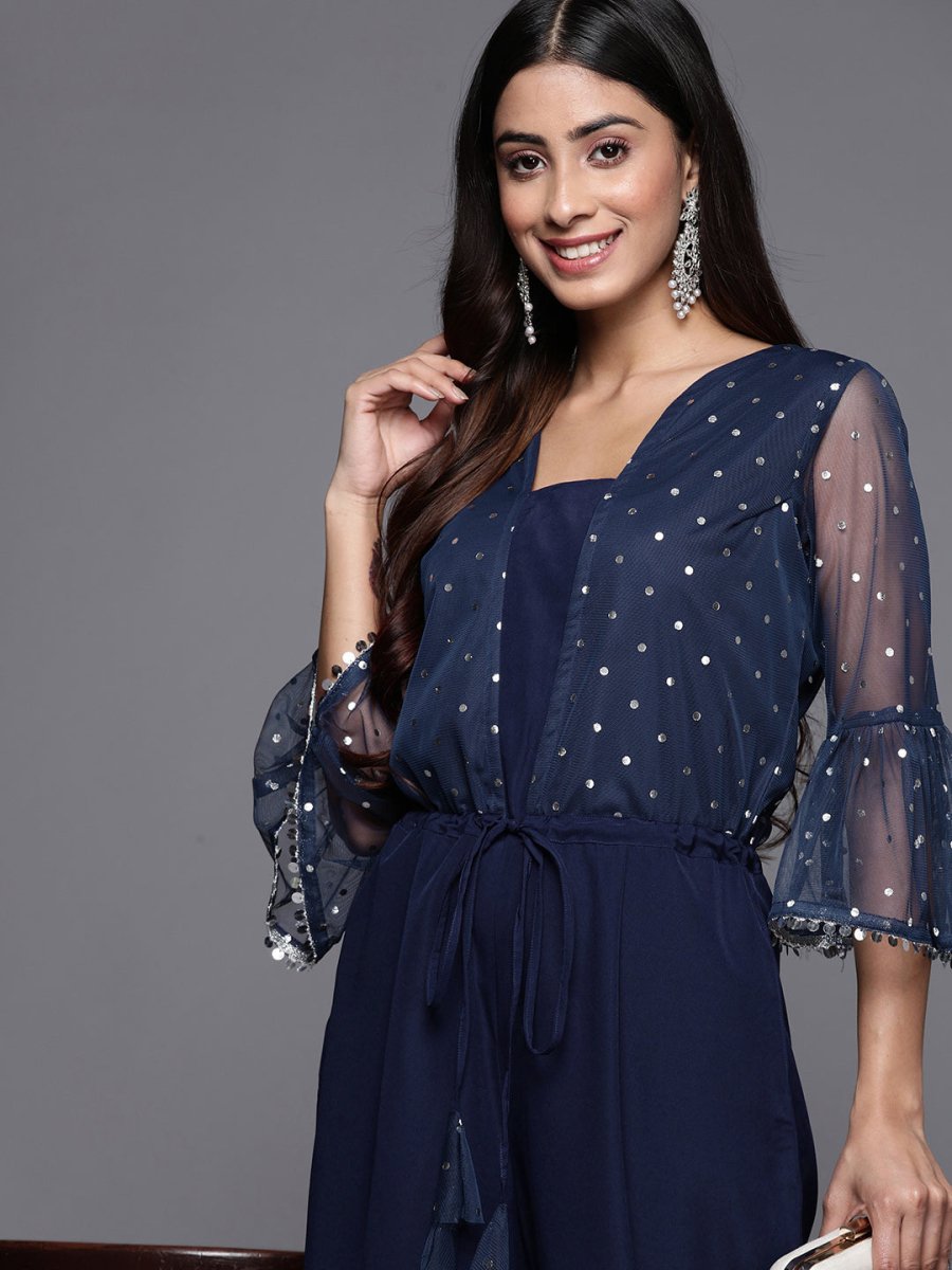 Ahalyaa Printed Bell Sleeves Crepe Basic Jumpsuit With Waist Tie-Ups | Swadesiicart