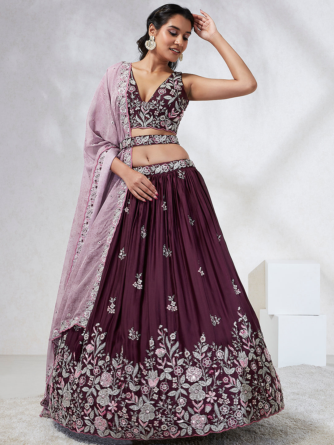 House of Panchhi Burgundy Pure Georgette Sequins And Thread Embroidery Lehenga Choli & Dupatta | Swadesiicart