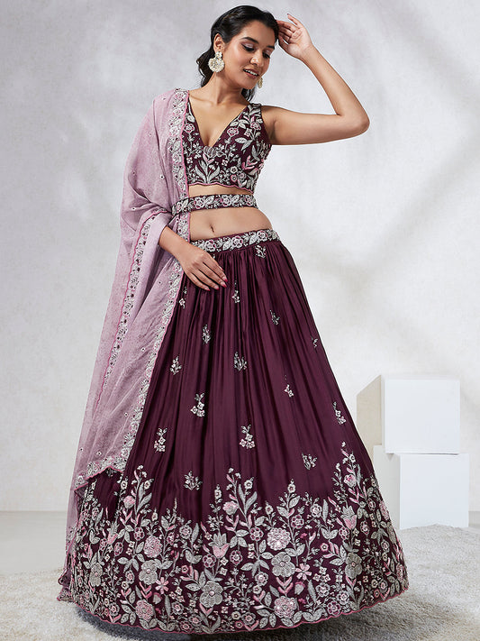 House of Panchhi Burgundy Pure Georgette Sequins And Thread Embroidery Lehenga Choli & Dupatta | Swadesiicart
