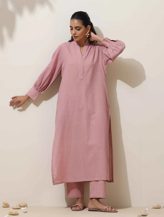 trueBrowns Pink Cotton Linen Kurta Pant Set | Swadesiicart