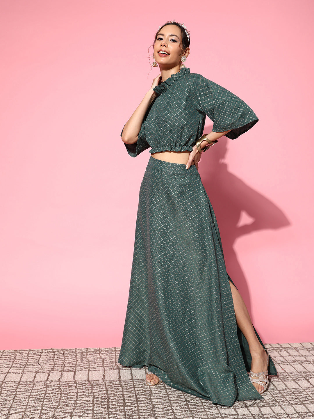 InWeave Women's Hunter Green Gold Crop Top With Side Slit Skirt - Swadesiicart