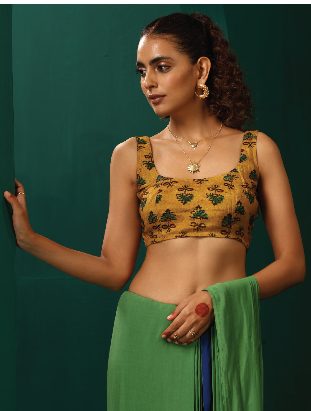 trueBrowns Mustard Muslin Silk Flower Stem Printed Scoop Neck Sleeveless Blouse | Swadesiicart