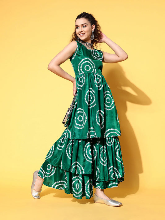 InWeave Women's Green Bandhani Motif Tiered Sharara Set - Swadesiicart