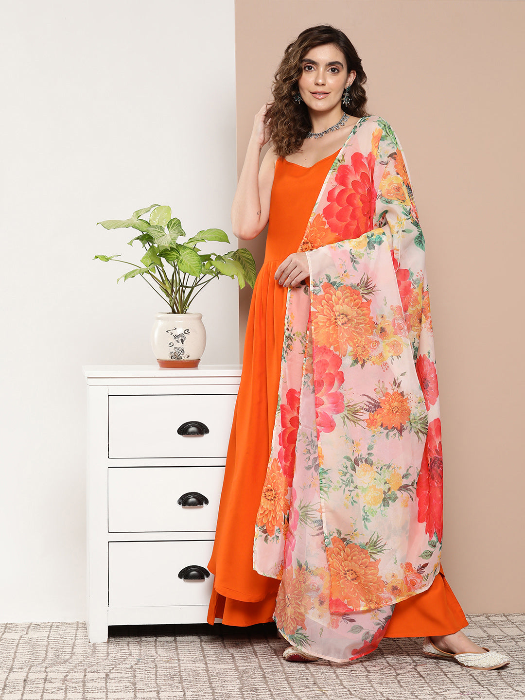 InWeave Women's Orange Strppy Set With Red Big Floral Print Dupatta - Swadesiicart