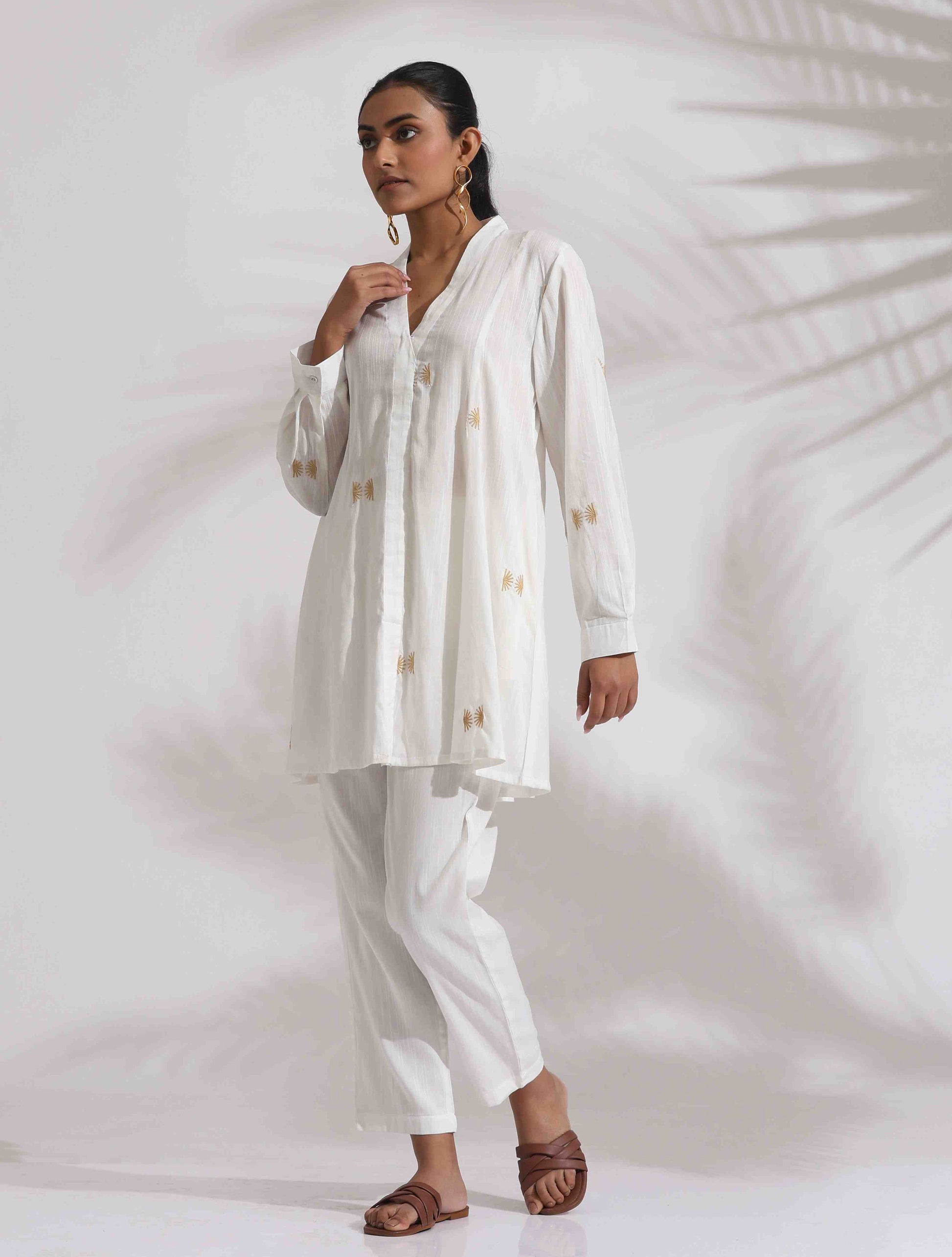 trueBrowns Off-White Cotton Embroidered A-line Co-ord Set - Swadesiicart