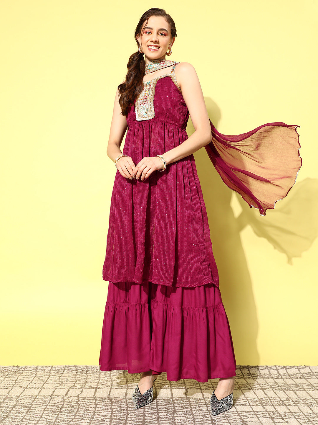 InWeave Women's Maroon Gota Insert Neckline Sharara Set - Swadesiicart