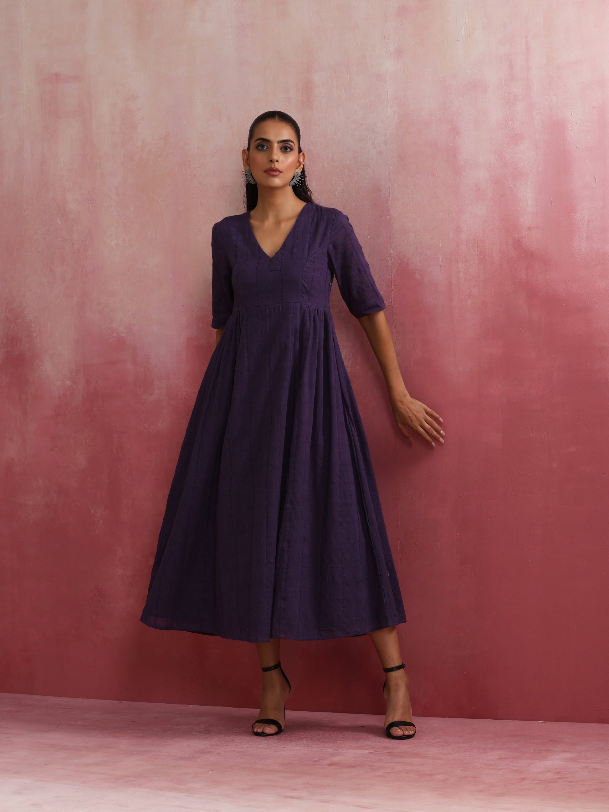 trueBrowns Purple Cotton Dobby Dress | Swadesiicart