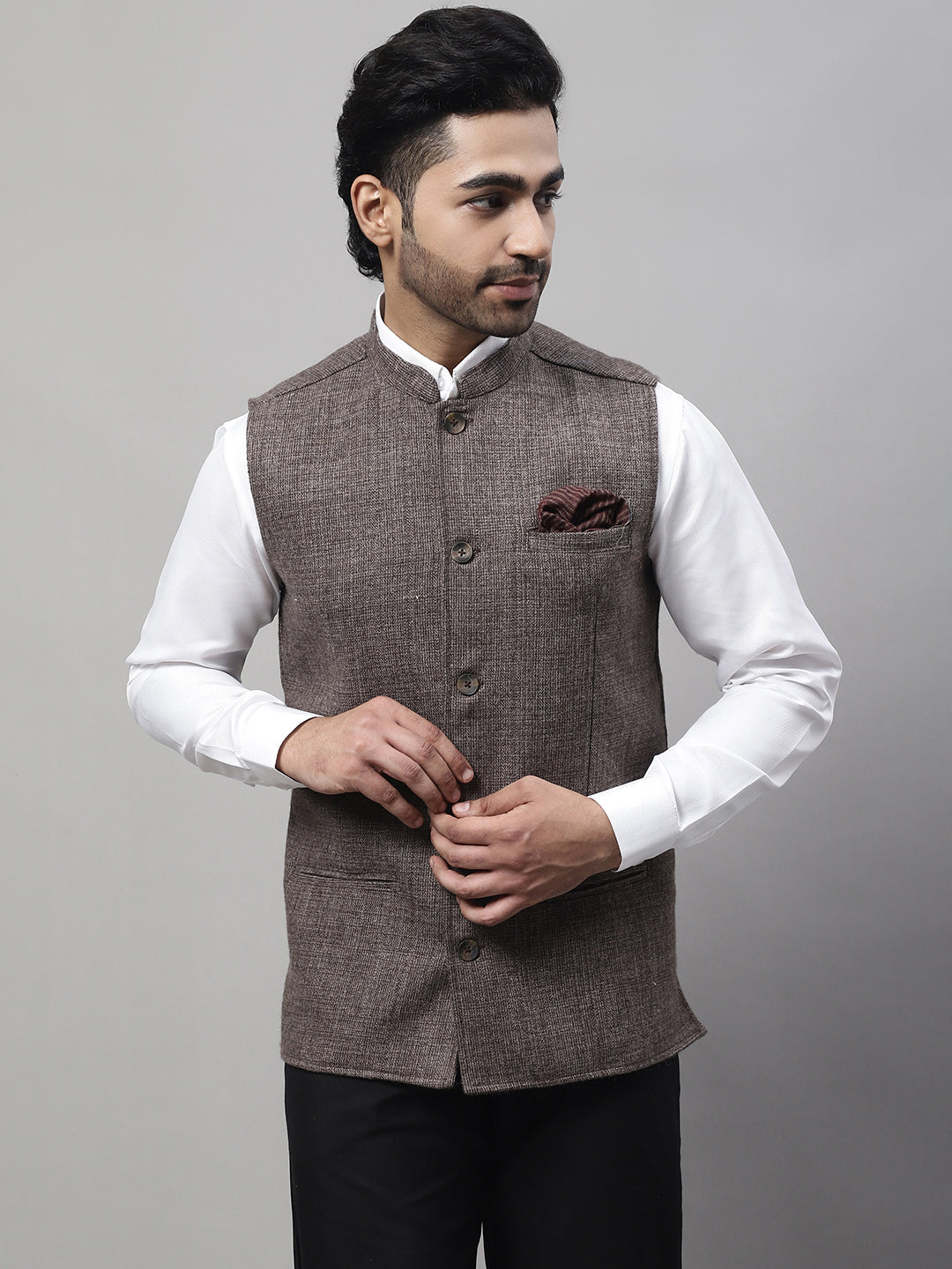 Even Apparels Men's Brown Nehru Jacket With Welt Pockets | Swadesiicart