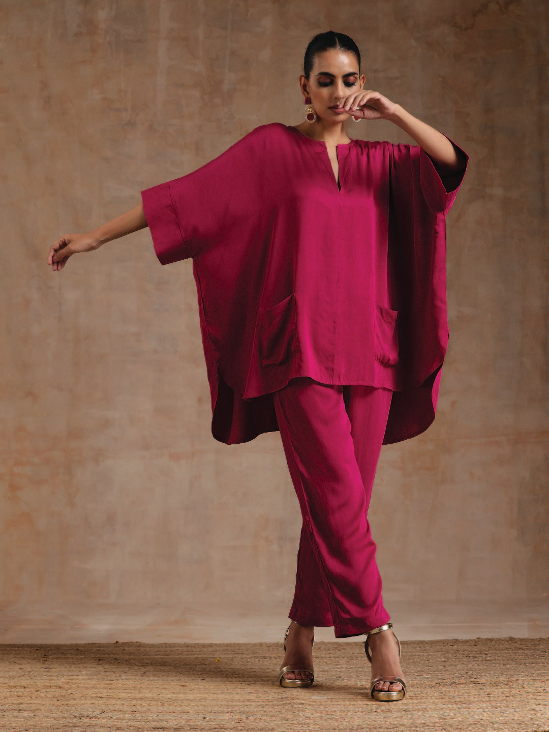 trueBrowns Pink Modal Satin Boxy Fit High-Low Co-Ord Set - Swadesiicart