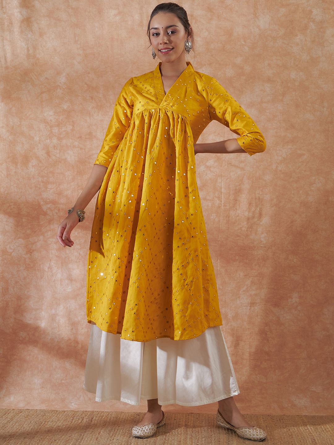 InWeave Women's Mustard Mirror Work Flared Kurta - Swadesiicart