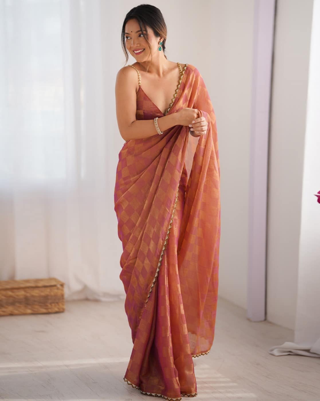 Lorenvalley Fashion Peach NC Chiffon Square with fancy Lace Saree with Blouse - Swadesiicart