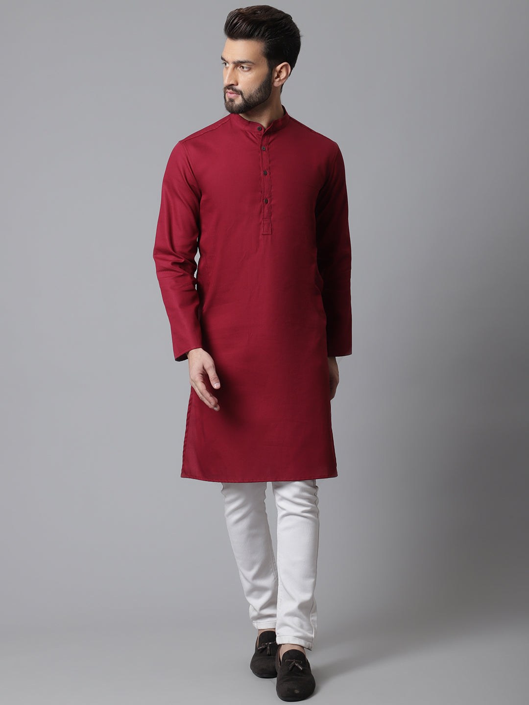 Even Apparels Maroon Pure Cotton Kurta With Band Collar | Swadesiicart