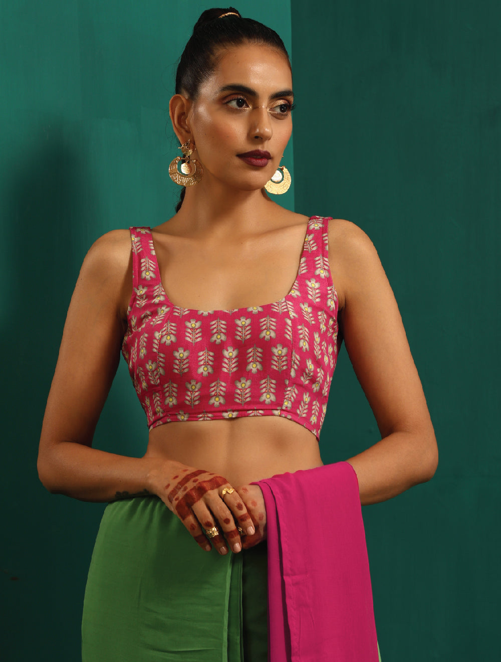 trueBrowns Pink Muslin Silk Leaf Printed Scoop Neck Sleeveless Blouse | Swadesiicart