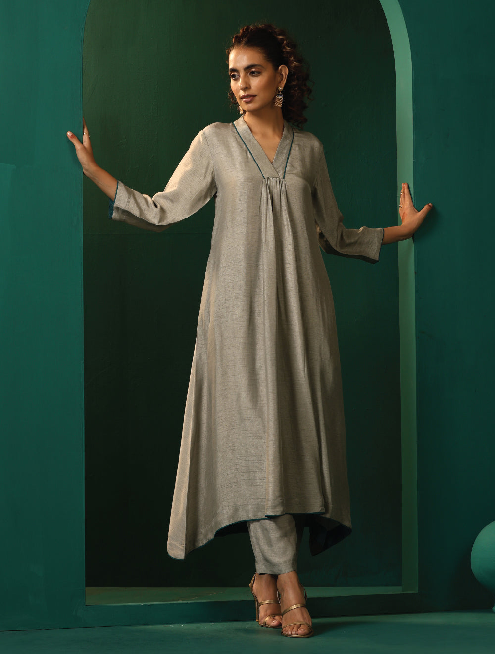 trueBrowns Grey Silk Front Gathered Kurta Pant Set | Swadesiicart