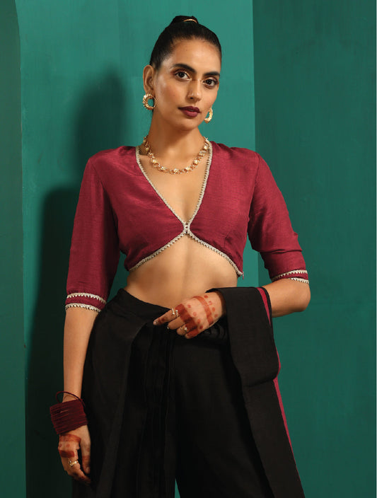 trueBrowns Maroon Silk Gota Blouse | Swadesiicart