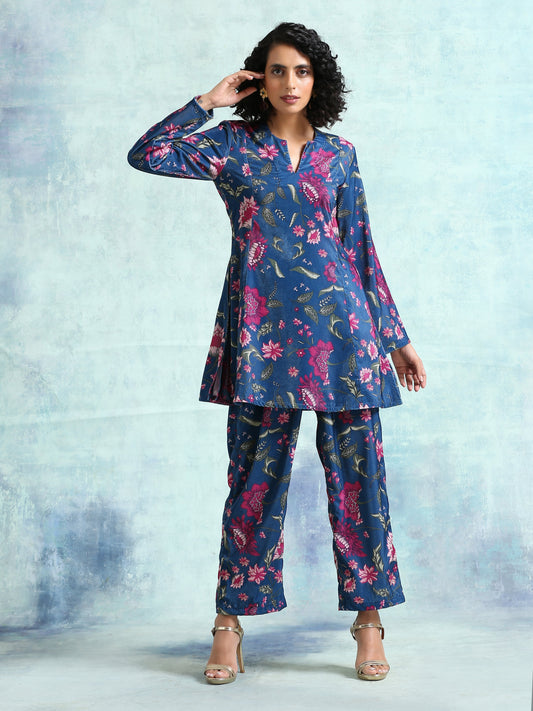 trueBrowns Blue Printed Velvet Co-Ord Set - Swadesiicart