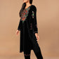 trueBrowns Black Velvet Embroidered Kurta Set | Swadesiicart