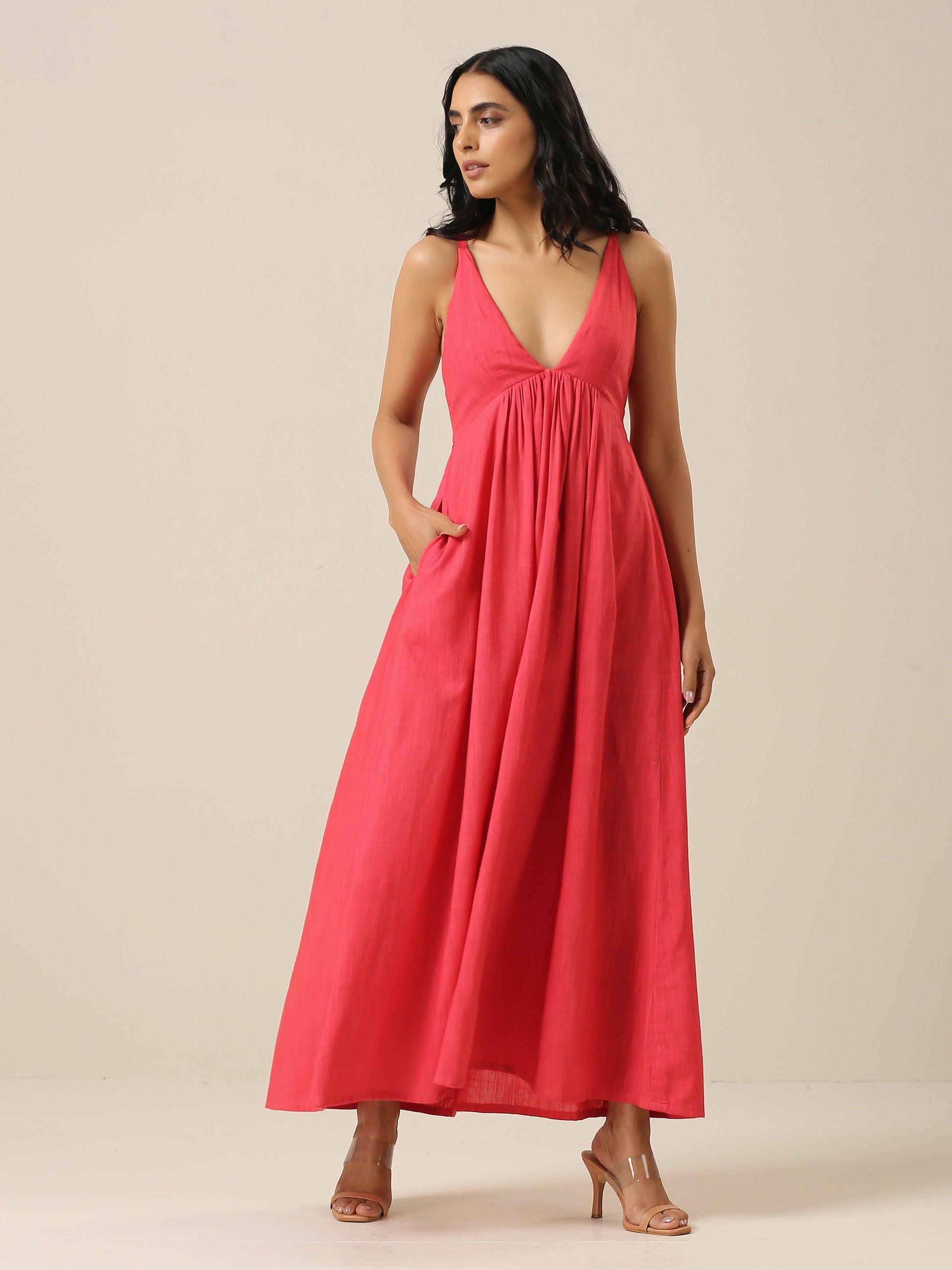 trueBrowns Bright Pink Slub Texture Sleeveless Dress | Swadesiicart