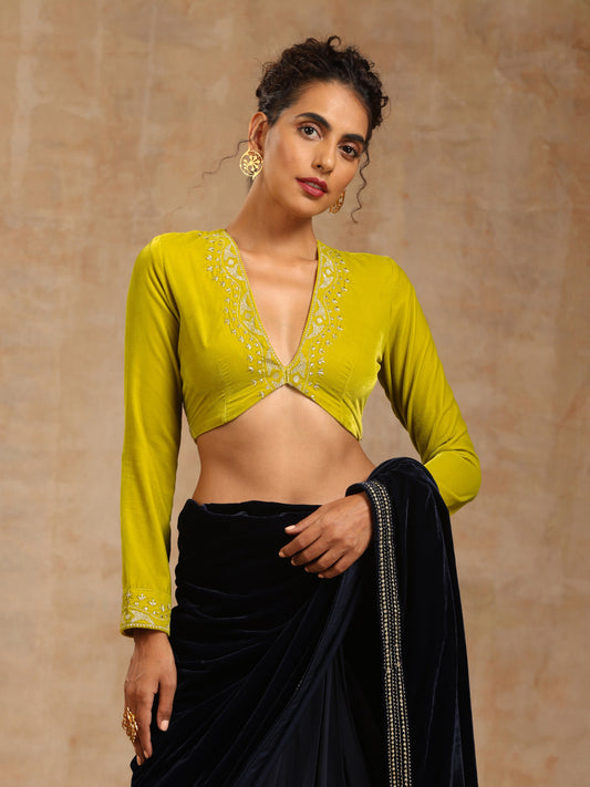 trueBrowns Lime Velvet Embroidered Blouse | Swadesiicart