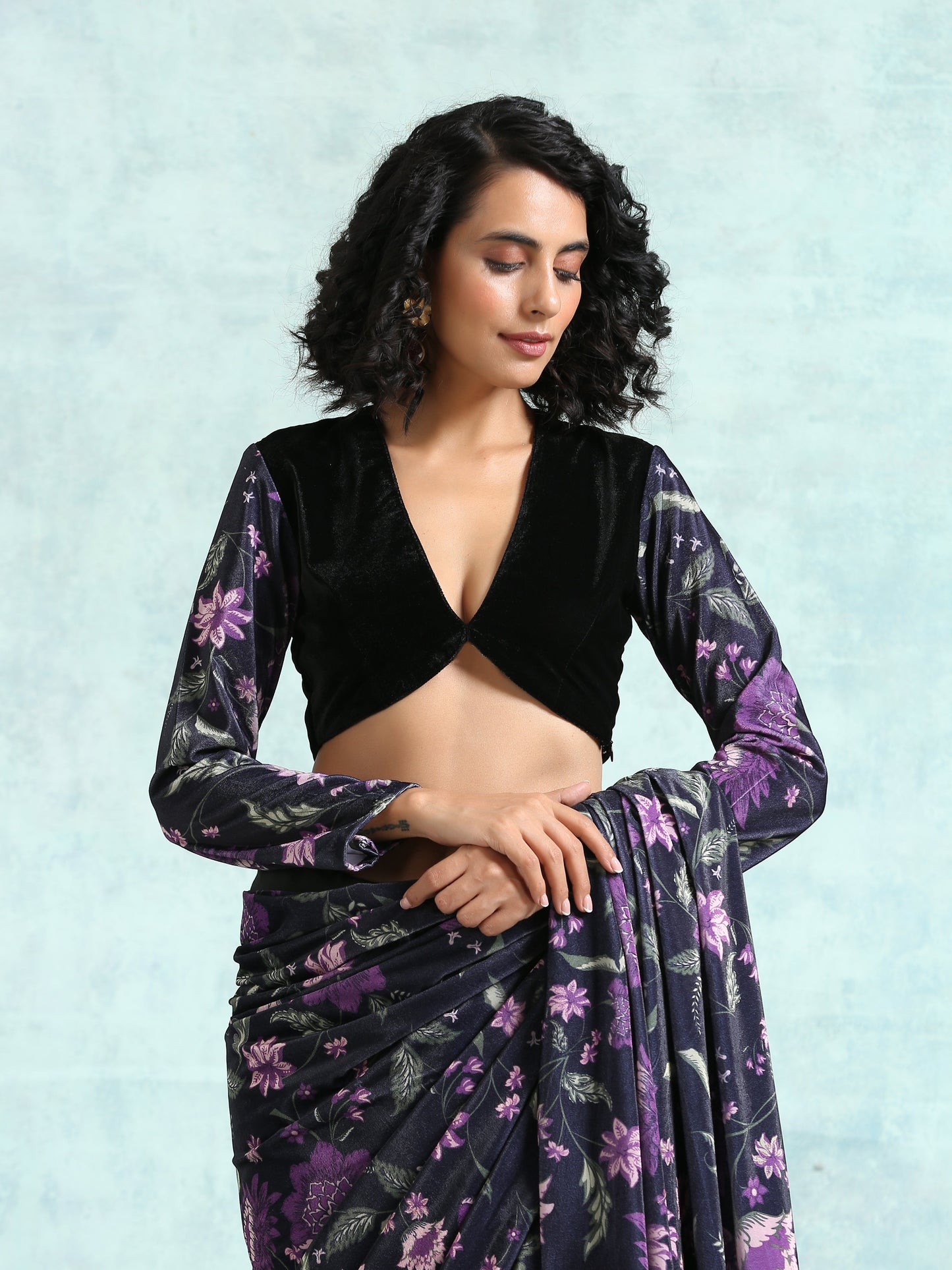 trueBrowns Black Printed Sleeve Velvet Blouse | Swadesiicart